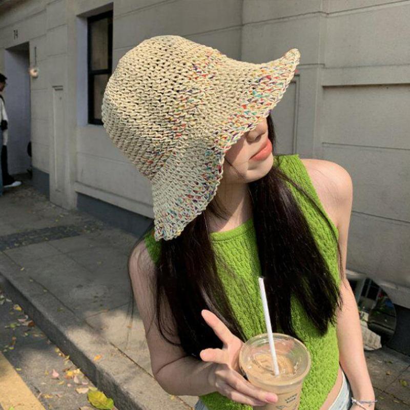 Women Handwoven Rainbow Straw  - Bucket Hat Straw ulasan dan harga