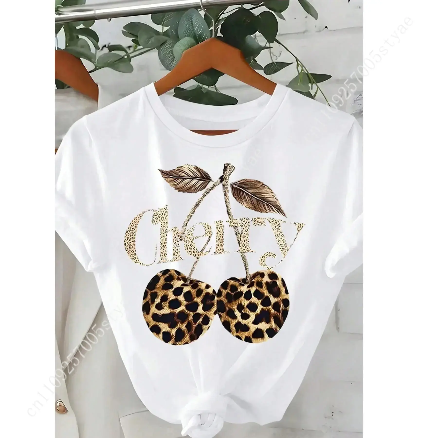 Women's Cherry & Leopard Print - Tee Graphic Print ulasan dan harga