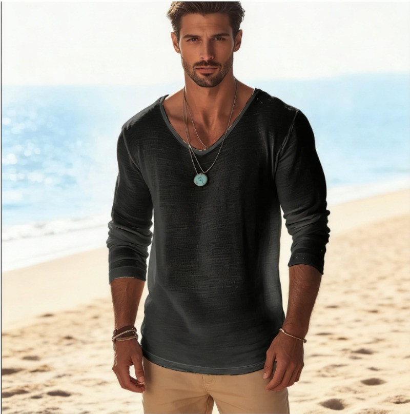 Men's Casual V-Neck Linen Blen - Linen Shirt Breathable ulasan dan harga